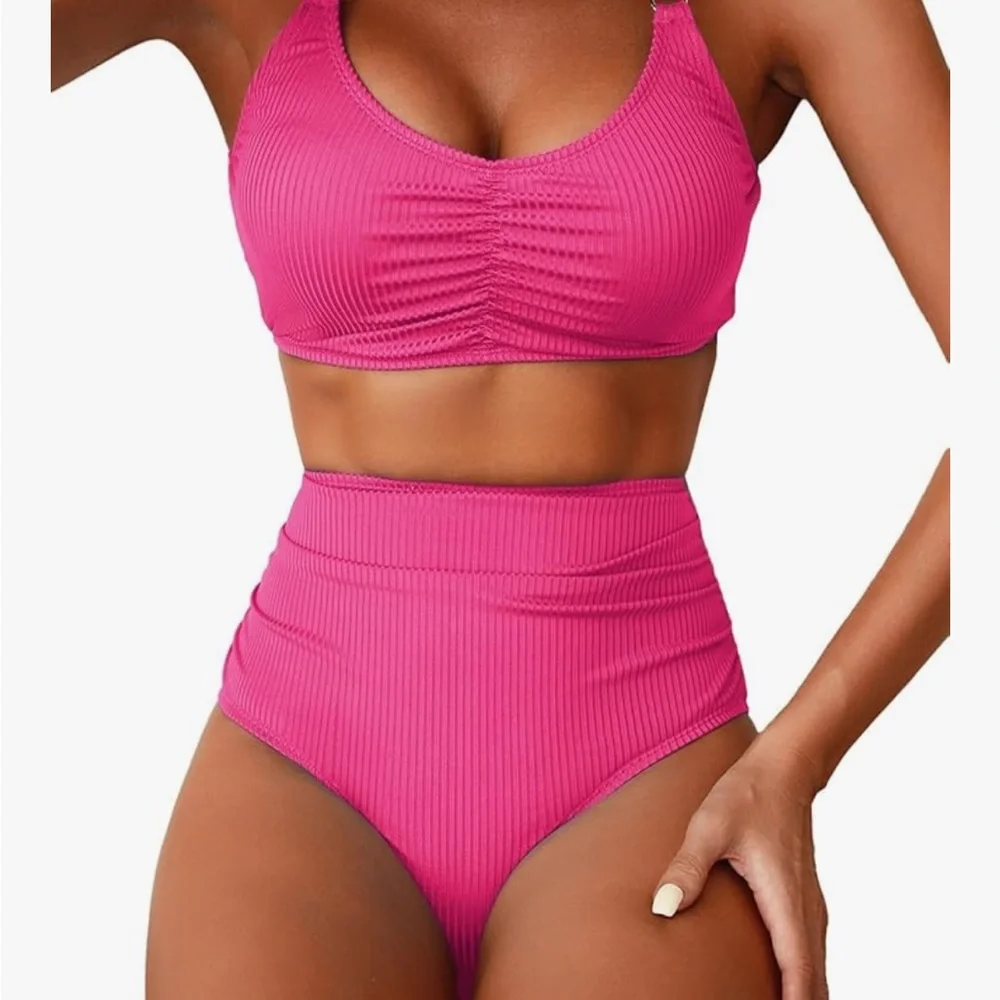 Herseas Pink Ribbed Women's Swimwear Set Sz S. New in open bag